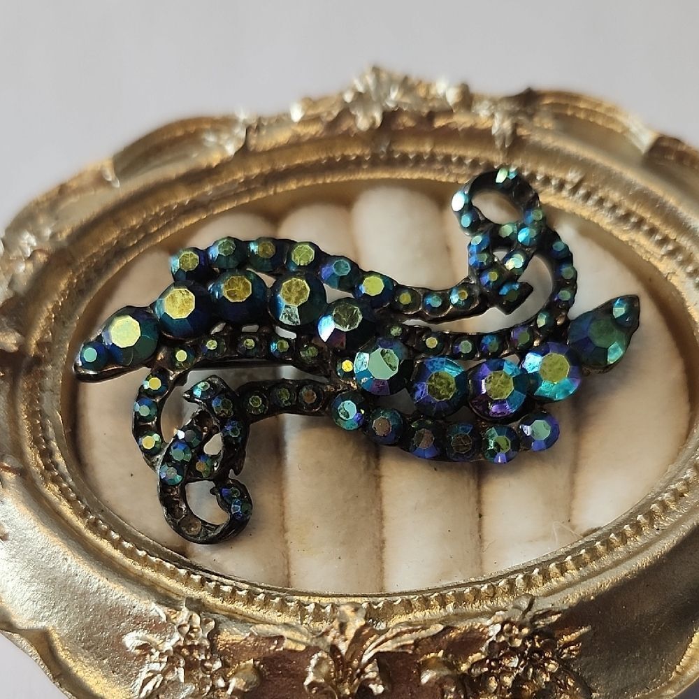 Pot Metal AB Crystal Rhinestone Iridescent Brooch Vintage